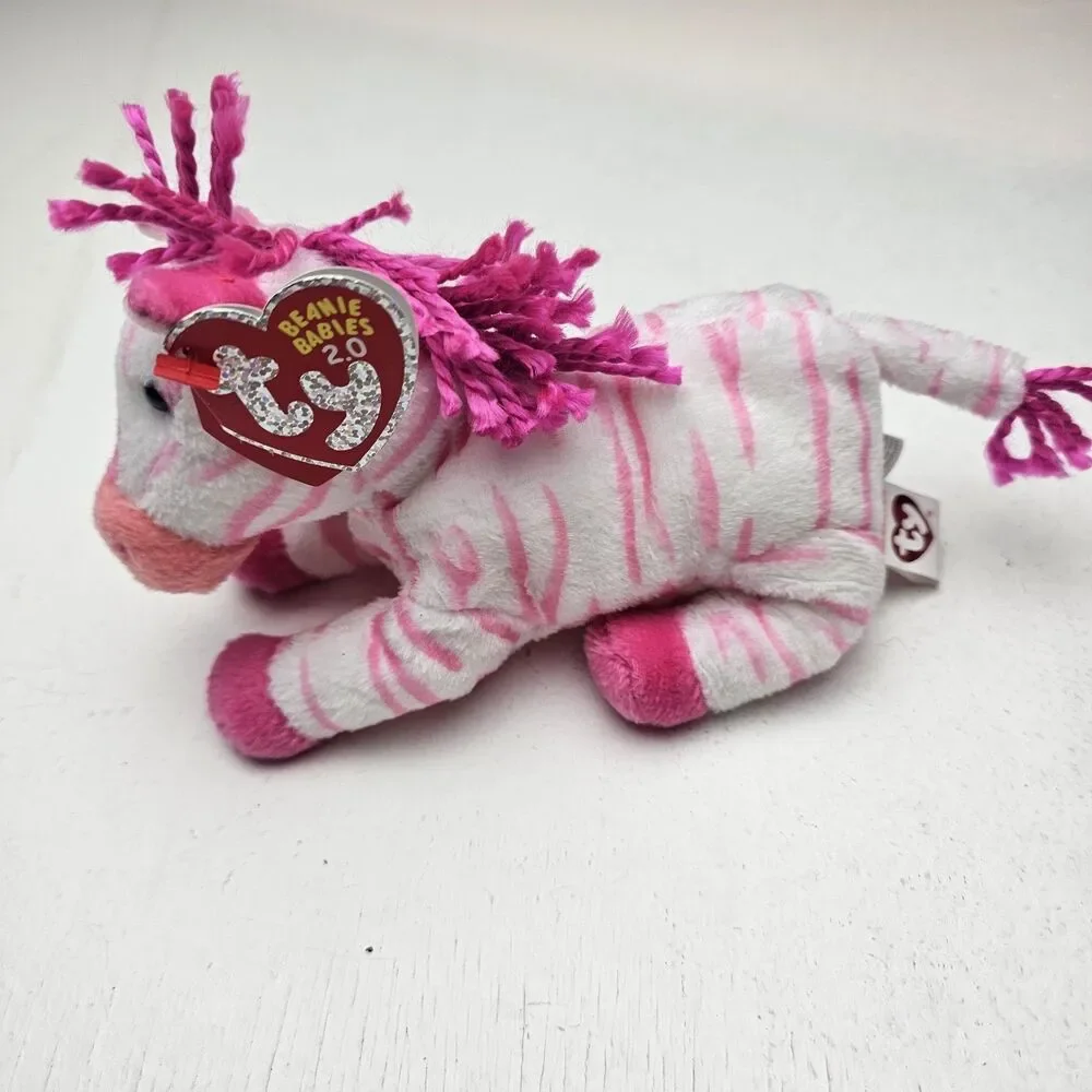Ty Beanie Babies 2.0 Zebra Bubblegum Plush Pink & White Striped 2008 Unused Code